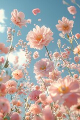 A poster of pastel colored flowers and plants floating in the air, clouds, peonies, chrysanthemums