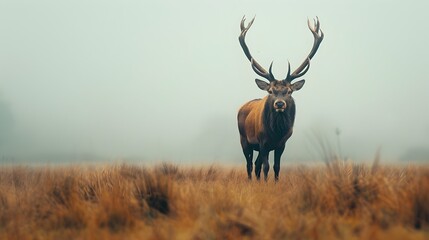 Regal Stag Standing Tall in Misty Meadow   Wildlife Portraits