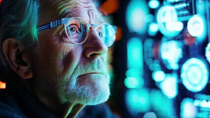 An elderly man focuses intently on a glowing interface, immersed in exploring complex data visuals and technology during an engaging late-night session in a vibrant setting - Powered by Adobe