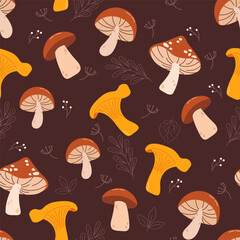 Autumn seamless pattern with mushrooms and branches seamless pattern vector. Autumn themes, Halloween, Thanksgiving design elements, flat