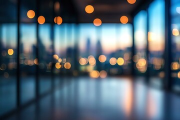 Blurred empty open space office. Abstract light bokeh at office interior background for design. with generative ai