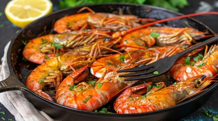 A cast iron skillet filled with succulent, perfectly grilled shrimp garnished with fresh herbs and a slice of lemon.