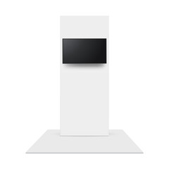Blank Exhibition Vertical Banner With Hanging TV Screen, Front View, Isolated On White Background. Vector Illustration