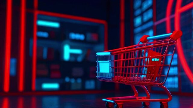 A red shopping cart in front of a blue and red neon light wall.