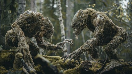Fototapeta premium Realistic living two fighting for territory trolls in the forest in Norway