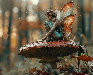 A realistic forest beautiful fairy sitting on a poisonous toadstool mushroom in the forest