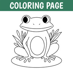 Animal coloring page, cute print with line frog. Printable worksheet with solution for school and preschool. Vector cartoon illustration.