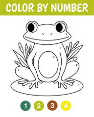 Color by number game for kids. Cute frog. Animal coloring book. Printable worksheet with solution for school and preschool. Learning numbers activity.