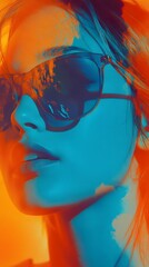 Fototapeta premium A movie poster with an orange and blue background, featuring the silhouette of A woman wearing sunglasses in profile, and digital art techniques blend seamlessly 