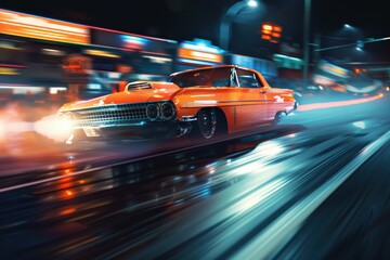 A classic car speeding down a city street at night, with bright lights blurring in the background.