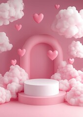 3d rendering of white podium with pink background, flying hearts and clouds for product presentation scene