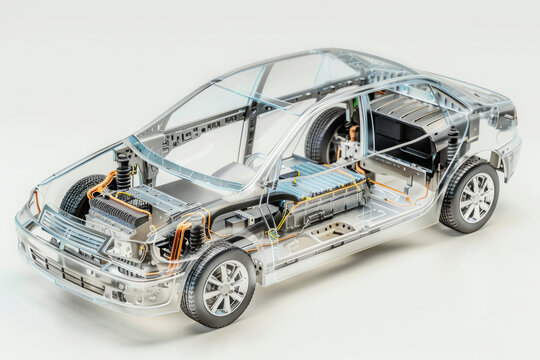 Cutaway view of electric car with battery engine and powertrain on white background. Detailed cross section view of modern technology vehicle with internal parts