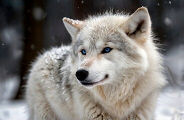 Fototapeta premium Scene where a white wolf cub with beautiful blue eyes is standing alone
