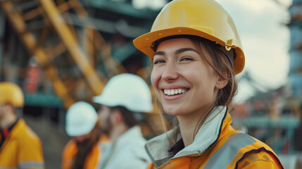 Smiling Female Construction Engineer at Worksite with Team in Background