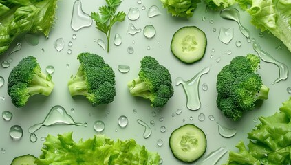Fresh Green Vegetables with Water Droplets
