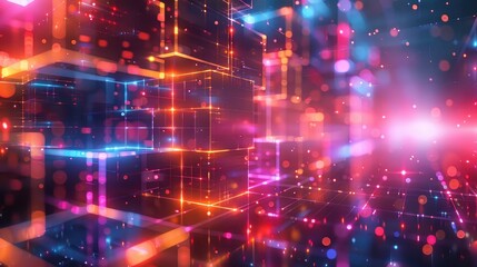 Vibrant Abstract Digital Art with Neon Lights and Geometric Shapes in a Futuristic Virtual Space