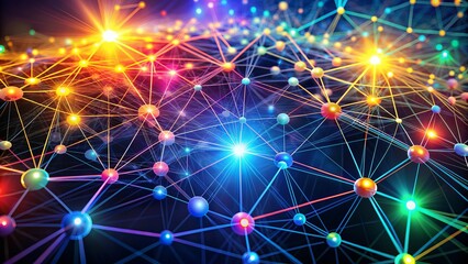 Vibrant illustration of interconnected nodes and lines forming a complex network, symbolizing online connections, community, and communication in the digital age.