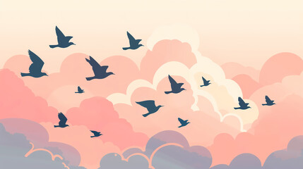 Illustration of Birds Flying in the Clouds, Simple and Serene Flat Color Design