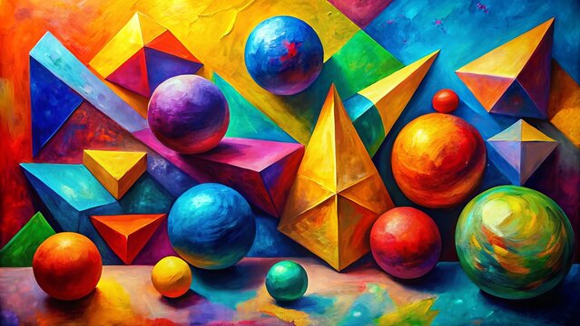 Vibrant multicolored shapes, including spheres, triangles, and rectangles, overlap and intersect, creating a dynamic, abstract composition with bold brushstrokes and textured, impasto paint.