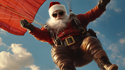 Santa Claus Parachuting with Red Canopy on Christmas
