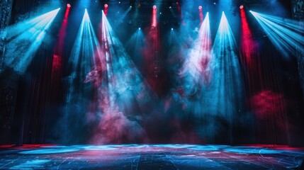Naklejka premium Colorful Stage with Dramatic Lighting and Smoke Effects in a Dark Theater Setting
