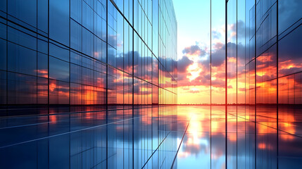 Sunset reflected in a modern building facade.