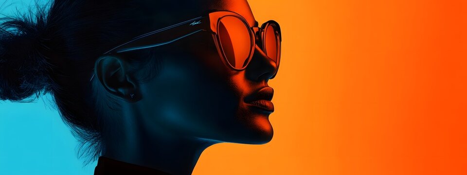 A movie poster with an orange and blue background, featuring the silhouette of A woman wearing sunglasses in profile, and digital art techniques blend seamlessly to create - Powered by Adobe