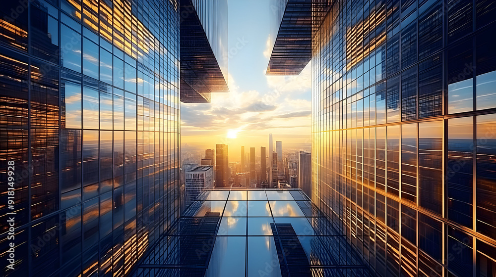 Poster Sunset view through skyscrapers.