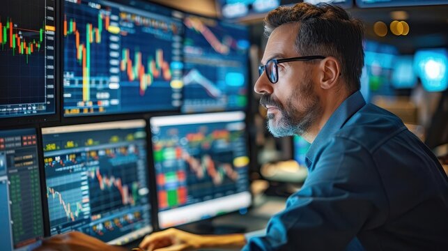 Focused stock trader analyzing real-time data on multiple monitors in a bustling trading room, making crucial financial decisions. - Powered by Adobe