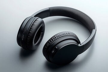 A pair of sleek black wireless headphones resting on a light gray surface, music producer banner, music advertising