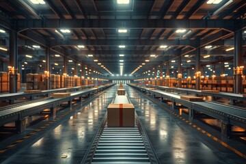 Obraz premium Large warehouse, cardboard boxes on conveyor belts, efficiency in logistics and distribution. Generative AI