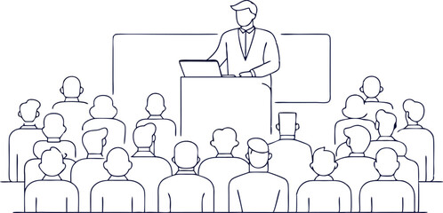 continuous single line drawing of keynote speaker and audience at business conference, line art vector illustration