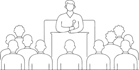 continuous single line drawing of keynote speaker and audience at a business conference, line art vector illustration