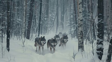 A Pack of Wolves Walking Through a Snowy Forest