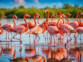 Vibrant pink flamingos wade through shallow waters, their long necks bent in unison as they forage for food in a serene and tranquil natural habitat.