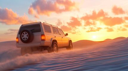 Obraz premium Offroad vehicle bashing through sand dunes in the desert at sunset.