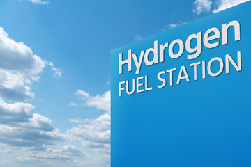 Blue wall with inscription HYDROGEN FUEL STATION