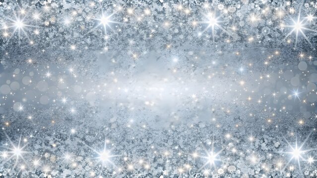 Elegant silver and white glitter sparkle confetti background border for a happy birthday, anniversary, winter, or Christmas background. The texture of the brilliant snow for the New Year's postcard.
