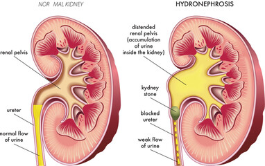 Medical illustration comparing a normal kidney to one affected by hydronephrosis with annotations explaining the symptoms and one possible cause.