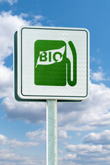 Road sign with symbol of bio fuel fillng station