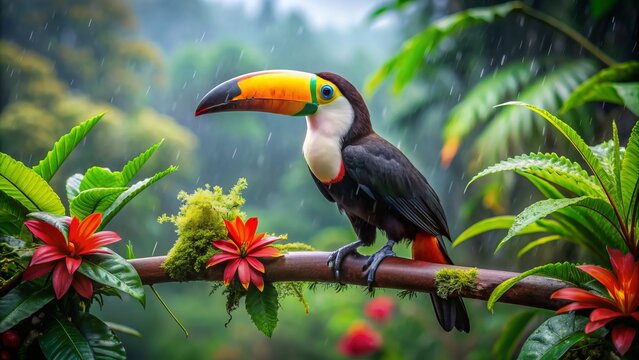 Vibrant toucan perches on a misty rainforest branch, surrounded by lush green foliage, exotic flowers, and sparkling dew droplets in the Amazon jungle.
