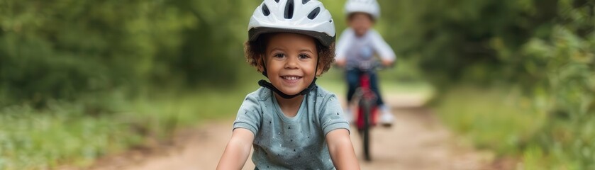 Parents teaching children to ride bikes, learning new skills, family support