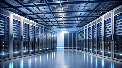 Modern Data Center with Server Racks in a Minimalist Setting: A Visual Representation of Digital Infrastructure  AI Generated