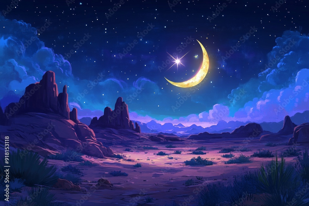 Poster Crescent Moon and Star Desert Night Islam Religion Spiritual Symbol - Generative AI