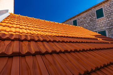 Old town of Trpanj in Croatia, red tile roofs, narrow streets, Peljesac peninsula