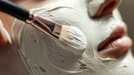 Close-up of a face mask being applied with a brush, highlighting the smooth texture and even coverage