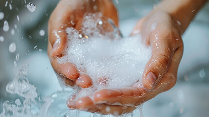 Fototapeta premium Close-up of hands lathering a rich, foamy body wash, showing the suds and cleanliness
