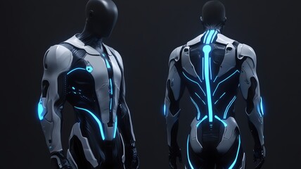 An advanced exoskeleton suit designed for rehabilitation, seamlessly merging with the human body, futuristic design with glowing blue accents