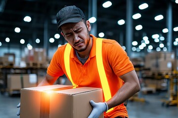 Warehouse worker lifting heavy box with visible back pain struggling during manual labor
