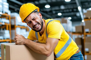 A realistic image of a worker experiencing acute back pain while lifting a heavy box